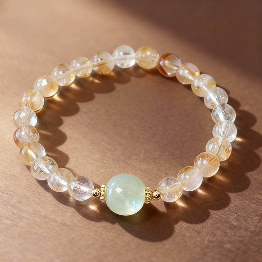 Natural citrine beaded bracelet with nephrite jade Buddha charm