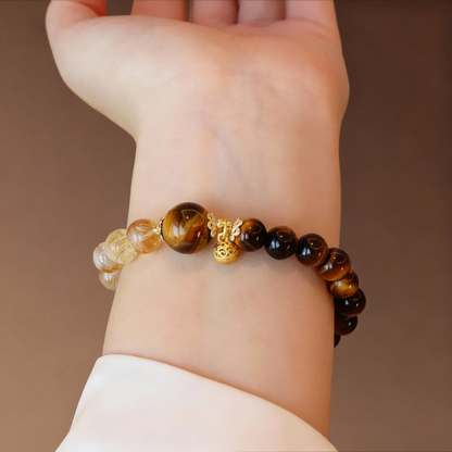 Rutilated citrine and tiger eye stone bracelet with gourd charm