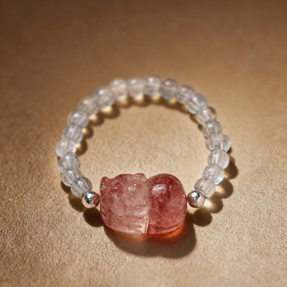 Natural tourmaline Pixiu ring with clear quartz crystal accents