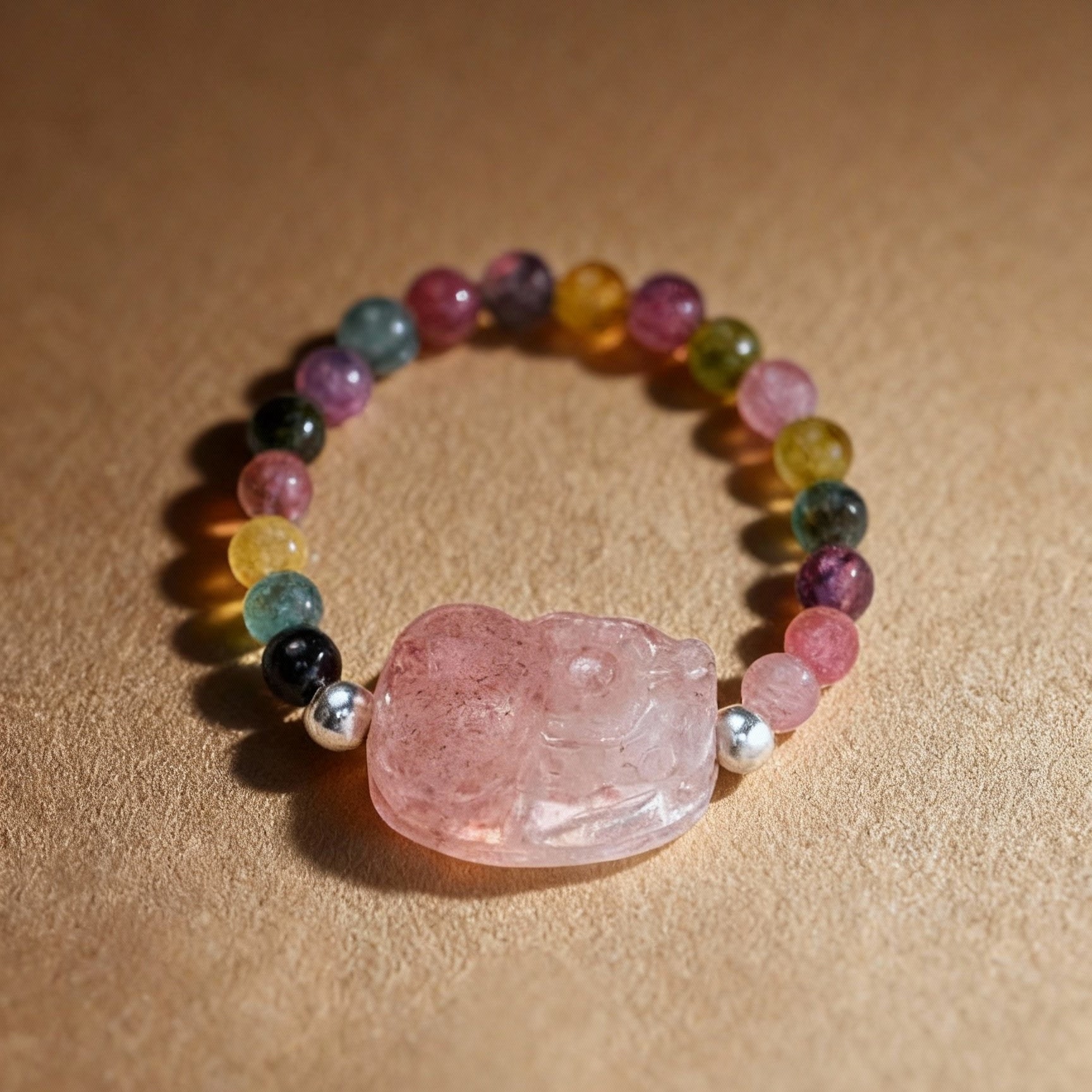 Natural tourmaline and strawberry quartz Pixiu ring
