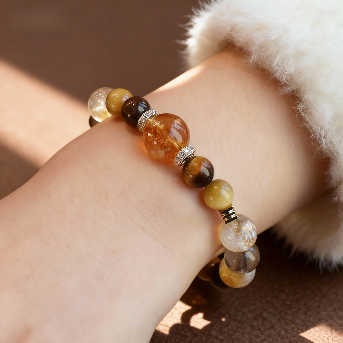 Natural golden tiger's eye bracelet with rutilated quartz accents
