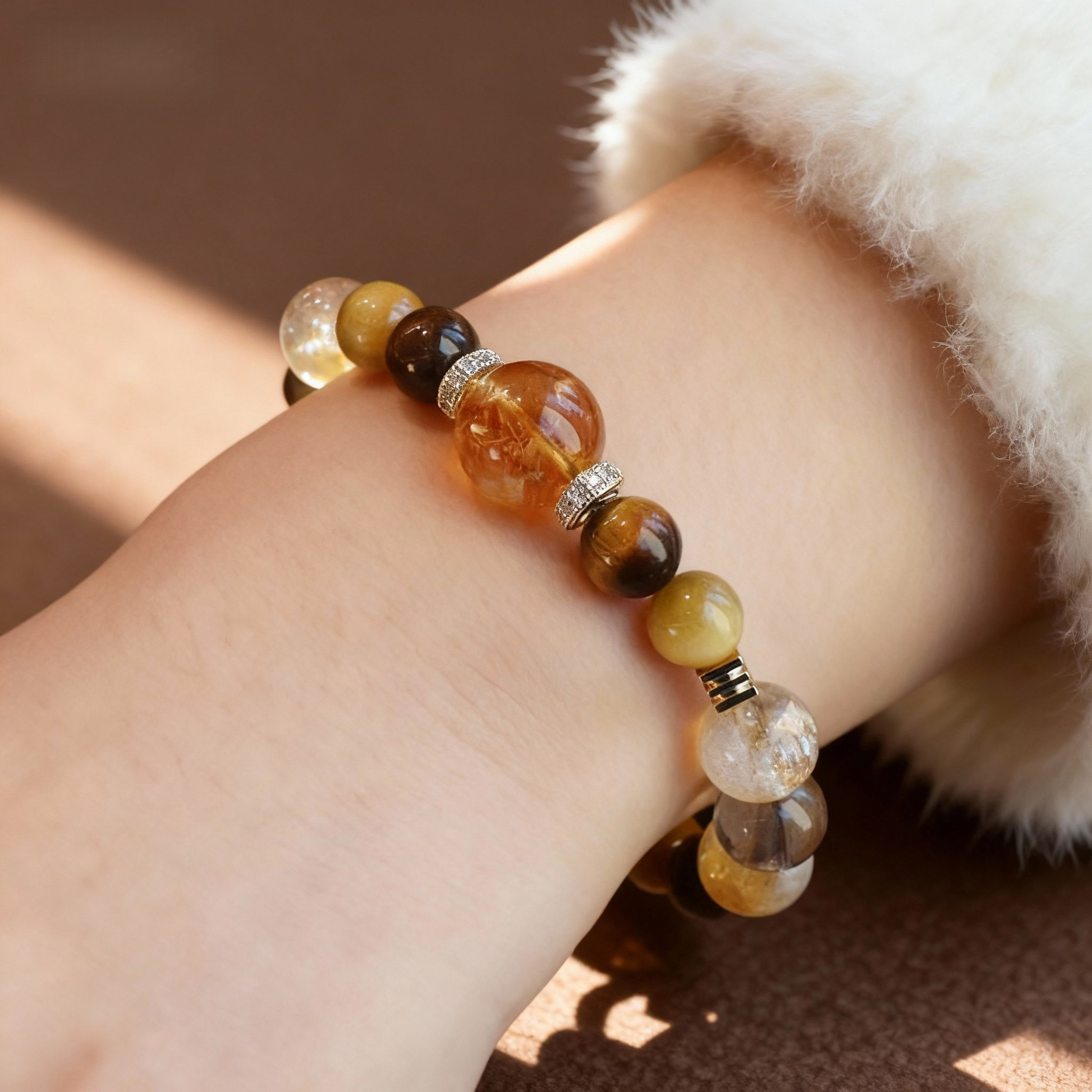 Natural golden tiger's eye bracelet with rutilated quartz accents